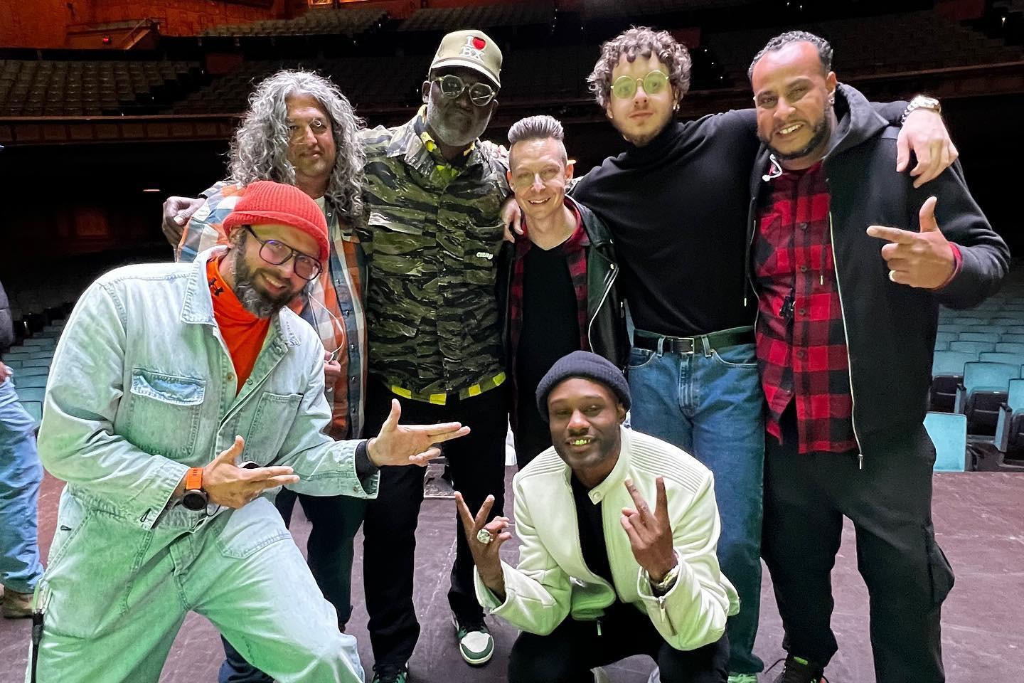 Frank Borin, Jack Harlow, Kareem Johnson, Jonas Morales, Ace Pro, Karsten Crash Gopinath, and Max Colt on the set of Jack Harlow’s “Nail Tech” music video